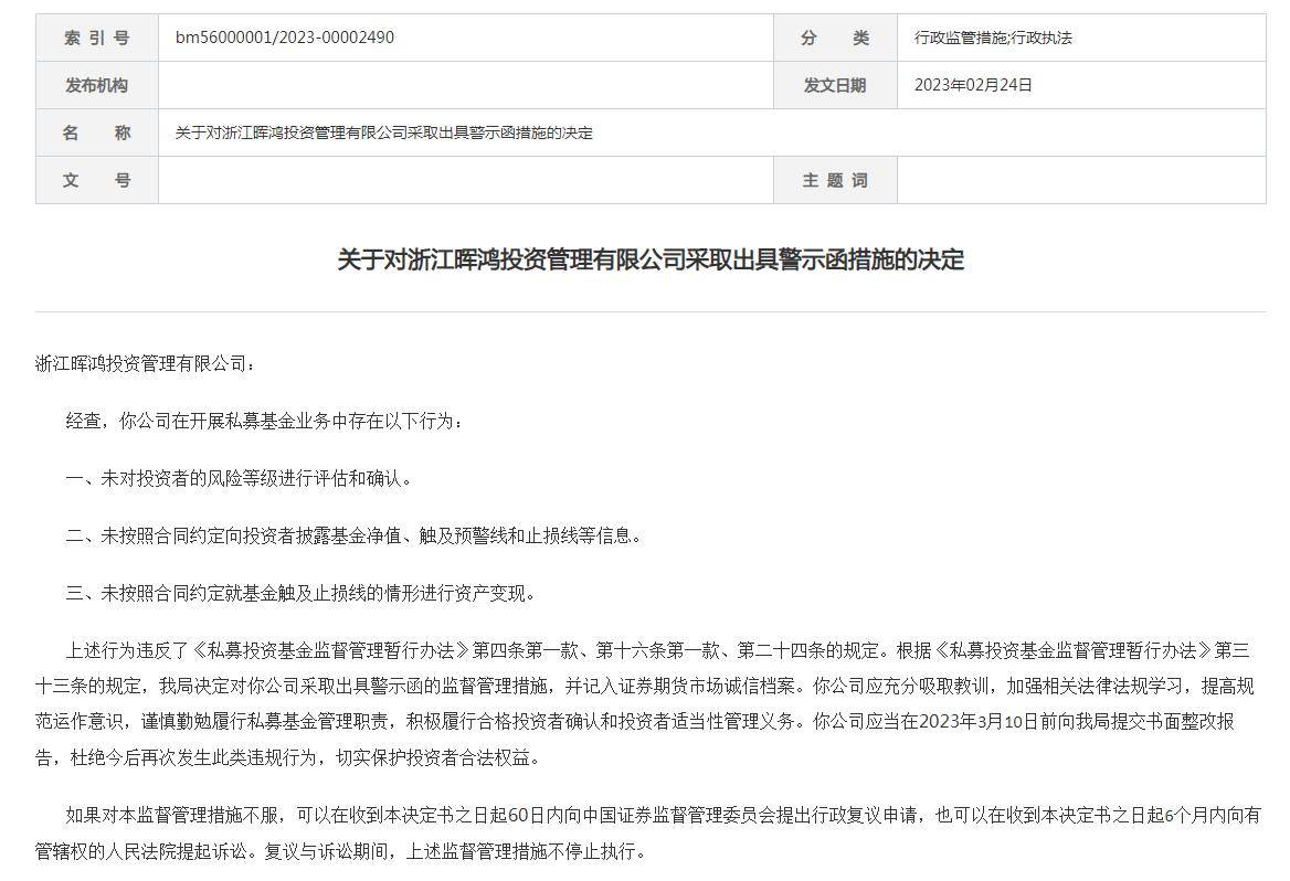 三项违规<strong></p>
<p>浙江期货</strong>，全职员工仅8人的晖鸿投资被警示