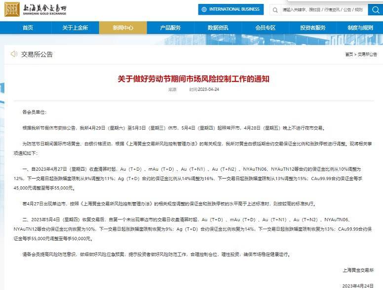 上海黄金交易所最新通知<strong></p>
<p>交易所合约</strong>！劳动节期间调整黄金白银延期合约交易保证金比例和涨跌停板
