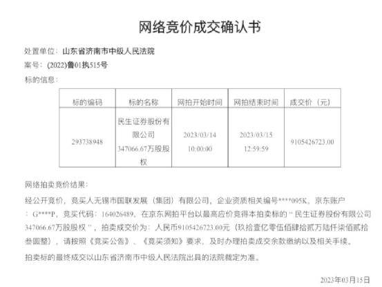 36万人围观！出价162轮、加价32亿<strong></p>
<p>无锡国联证券</strong>，包邮区“打起来了”，民生证券股权拍卖落定！神秘买家是这家券商大股东