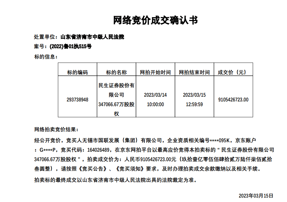 竞拍162次<strong></p>
<p>国联证券官网</strong>，尘埃落定：91.05亿！