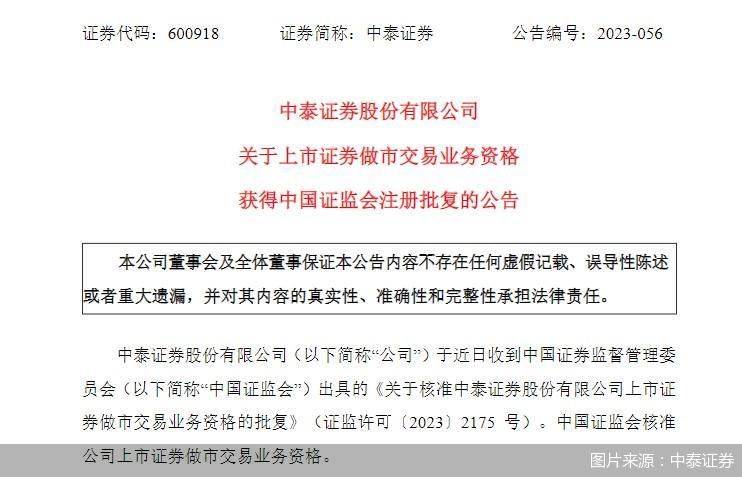 中泰证券：上市证券做市交易业务资格获准