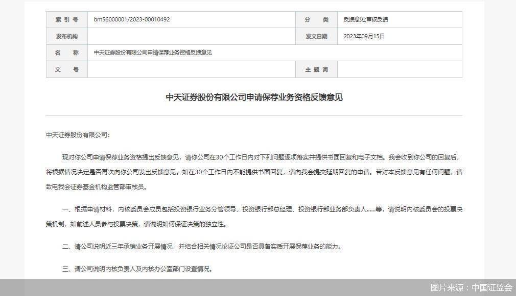 中天证券申请保荐业务资格获中国证监会反馈