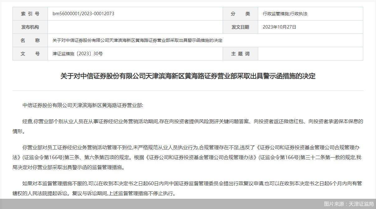因个别员工存在违规行为 中信证券一营业部及责任人遭罚