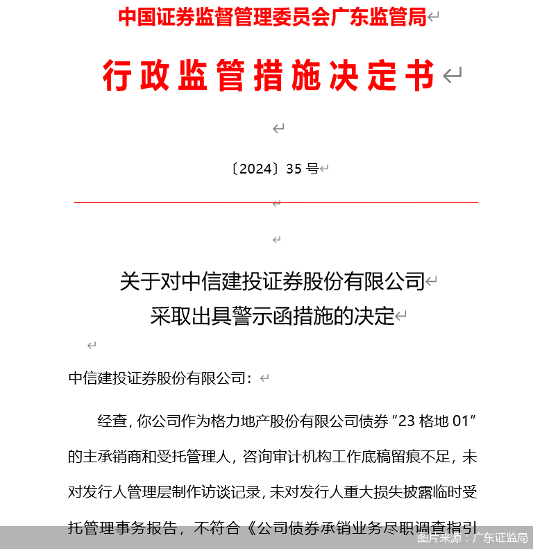 因债券承销业务存在违规行为 中信建投证券遭警示