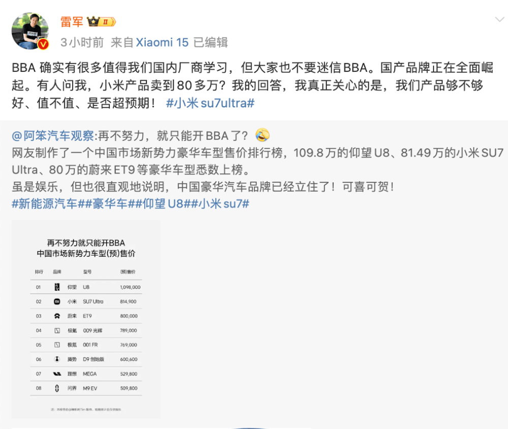 小米汽车卖到80多万<strong></p>
<p>资本证券</strong>，网友称再不努力只能开BBA！雷军：不要迷信BBA