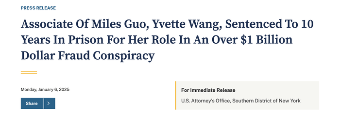 协助郭文贵诈骗超14亿美元<strong></p>
<p>证券信托</strong>，王雁平主动认罪在美获刑10年