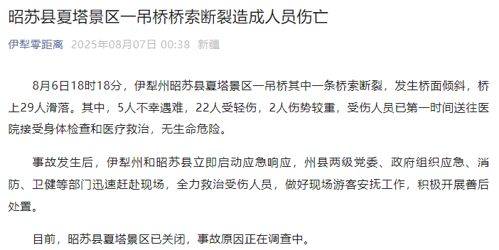 新疆伊犁州昭苏县通报：夏塔景区一吊桥桥索断裂<strong></p>
<p>证券执业</strong>，5人不幸遇难