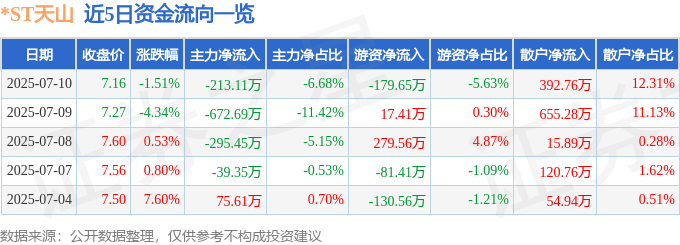 股票行情快报：*ST天山（300313）7月10日主力资金净卖出213.11万元