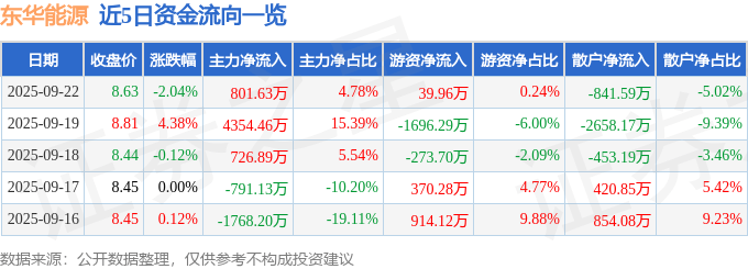 股票行情快报:东华能源(002221)9月22日主力资金净买入801.63万元