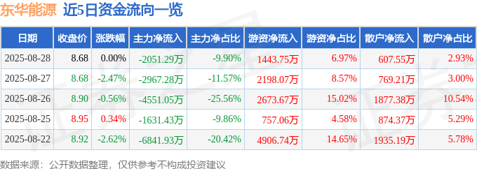 股票行情快报:东华能源(002221)8月28日主力资金净卖出2051.29万元