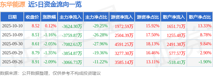 股票行情快报:东华能源(002221)10月10日主力资金净卖出3624.30万元