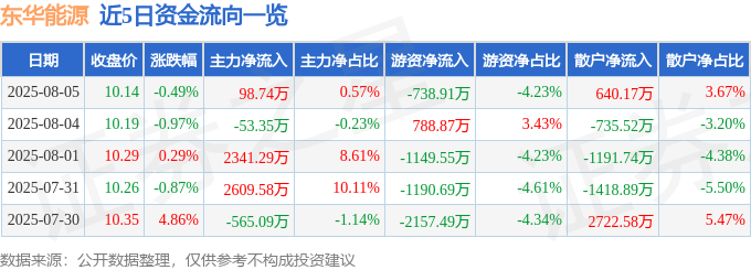 股票行情快报：东华能源（002221）8月5日主力资金净买入98.74万元