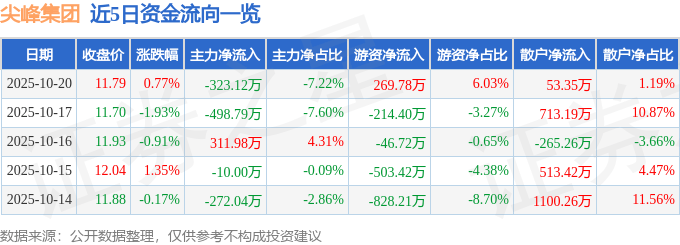 股票行情快报：尖峰集团（600668）10月20日主力资金净卖出323.12万元