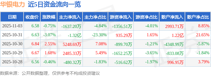 股票行情快报:华银电力(600744)11月3日主力资金净卖出1637.20万元