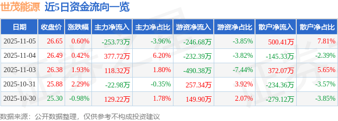 股票行情快报:世茂能源(605028)11月5日主力资金净卖出253.73万元