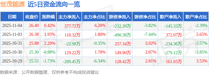 股票行情快报:世茂能源(605028)11月4日主力资金净买入377.72万元