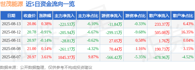 股票行情快报:世茂能源(605028)8月13日主力资金净卖出221.53万元