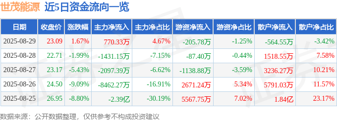 股票行情快报：世茂能源（605028）8月29日主力资金净买入770.33万元