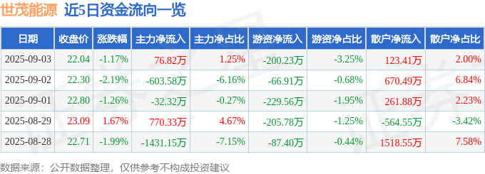 股票行情快报：世茂能源（605028）9月3日主力资金净买入76.82万元
