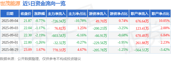 股票行情快报:世茂能源(605028)9月4日主力资金净卖出726.34万元