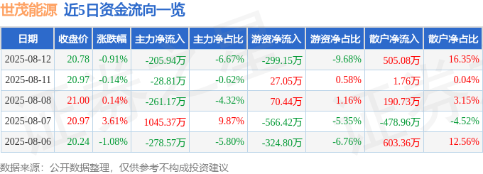 股票行情快报:世茂能源(605028)8月12日主力资金净卖出205.94万元