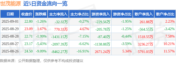 股票行情快报:世茂能源(605028)9月1日主力资金净卖出32.32万元