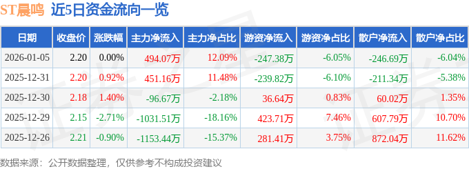 股票行情快报：ST晨鸣（000488）1月5日主力资金净买入494.07万元